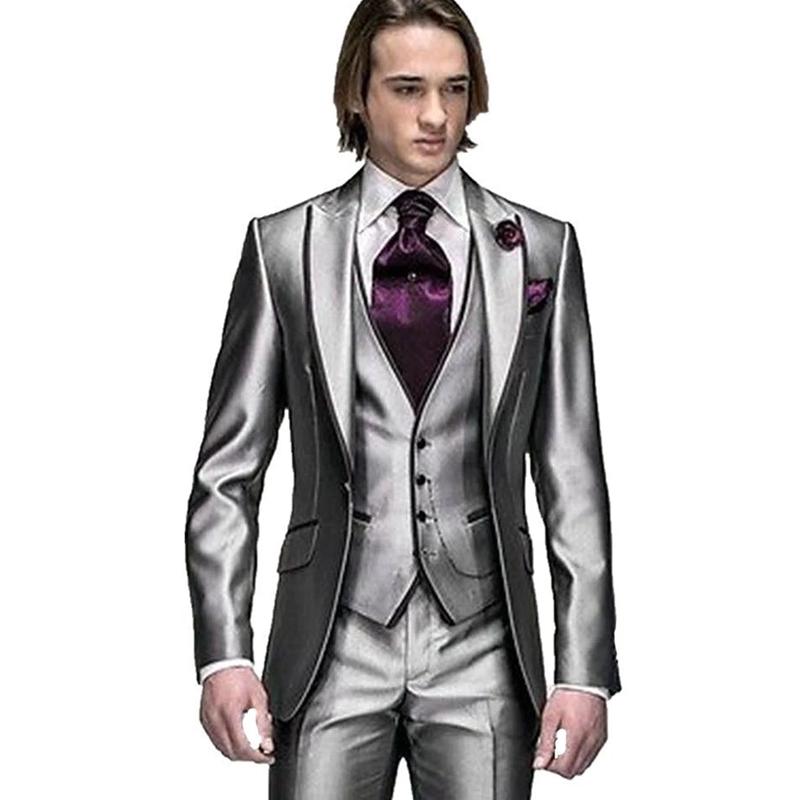 

Men's Suits & Blazers Fashion Cool One Button Shiny Silver Grey Groom Tuxedos Groomsmen Wedding Man (Jacket+Pants+Vest+Tie), Black