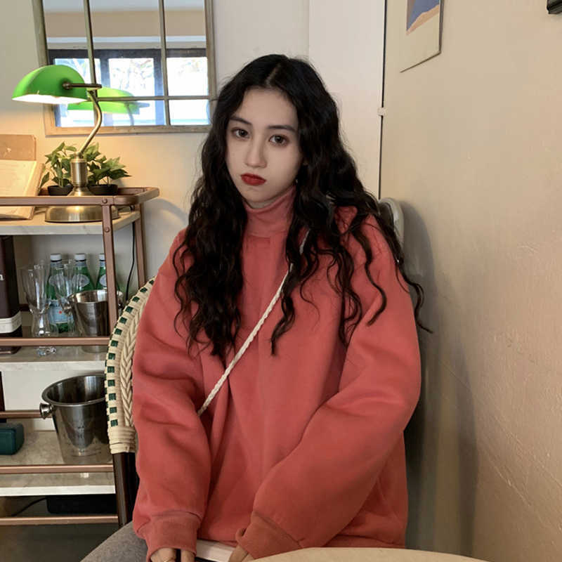 

LY VAREY LIN Winter Women Casual Half High Collar Ladies Loose Plus Velvet O-neck Tops Long Sleeve Solid Sweatshirt Pullovers 210526, Green