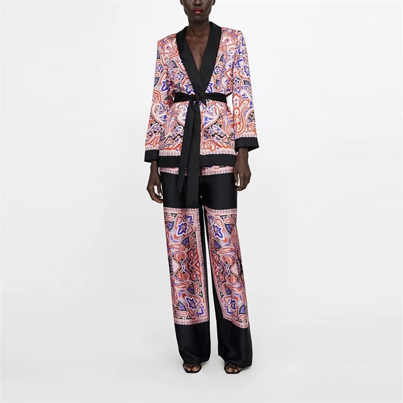 

Fashion Patchwork Floral Suit Jacket With Sash Women Spring Blouse Coat Elegant V neck Office Coat Suit Pants Sets Outfit XZ1939 210721