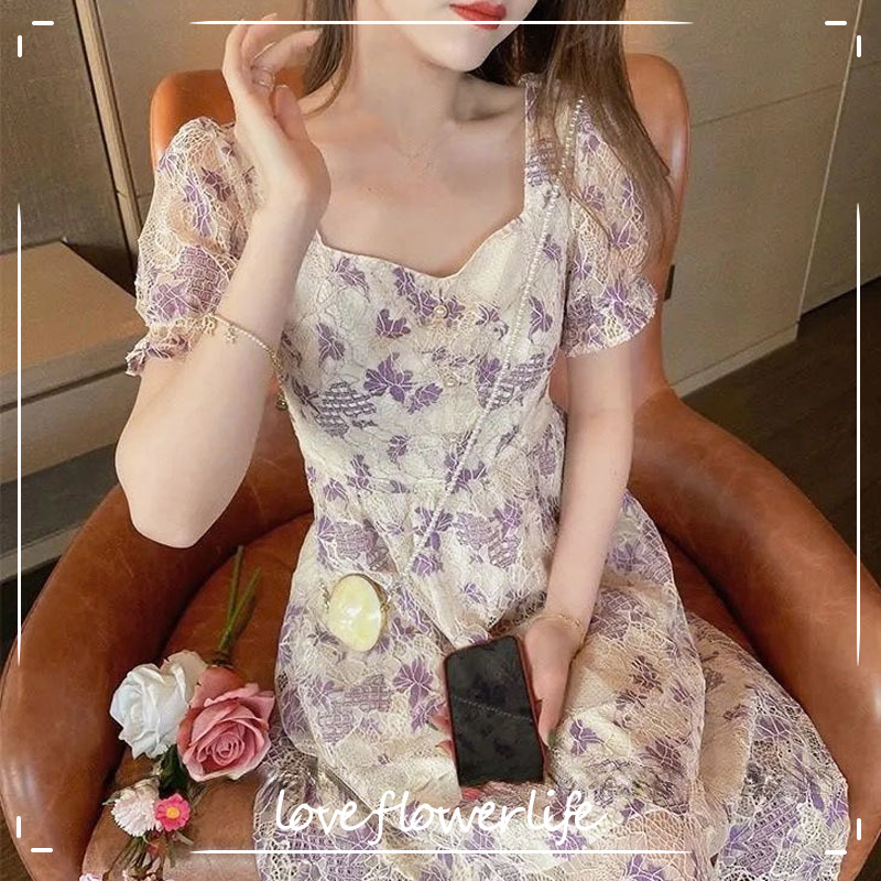 

French Vintage Midi Dress Women Short Sleeve Casual Floral Dress Elegant Evening Dress for Females Office Lady Summer Chic 210521, Strap dress