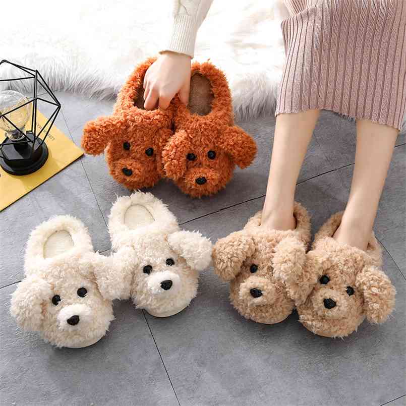 

Lifelike 3d Teddy Dog Women Men Plush Slippers Winter Warm Soft Sole Shoes Couples Home Ladies Indoor Bedroom Slip On Fur Slides 210913, Blue;gray