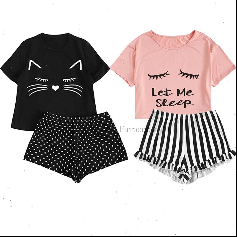 

homewear cute cat cartoon womens sleepwears printed pajamas set casual short sleeve t shirt sleepwear nightwear pyjama for women, Black;red