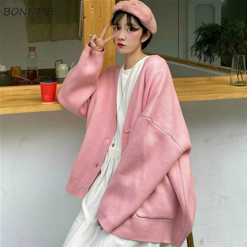 

Cardigan Women Spring Vintage Lovely Fashion Korean Simple V-neck Ladies Knitwear Oversized All-match Ins Fall Femme Sweaters, Pink