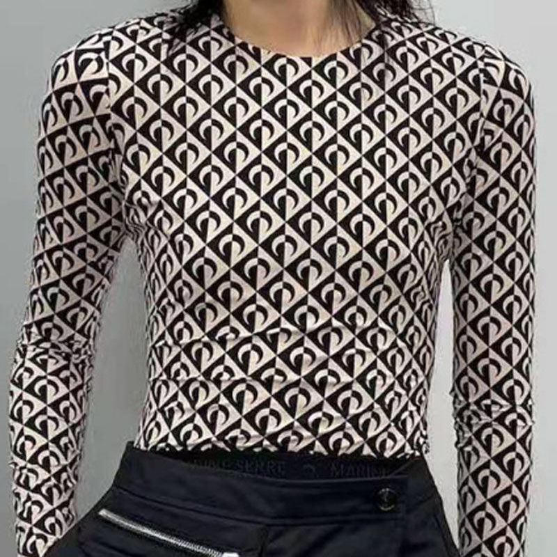 

Female Marine Spring Summer Diamond Plaid Print Slim Bottoming Shirt Black and White Color Matching Moon Long Sleeve T-Shirt