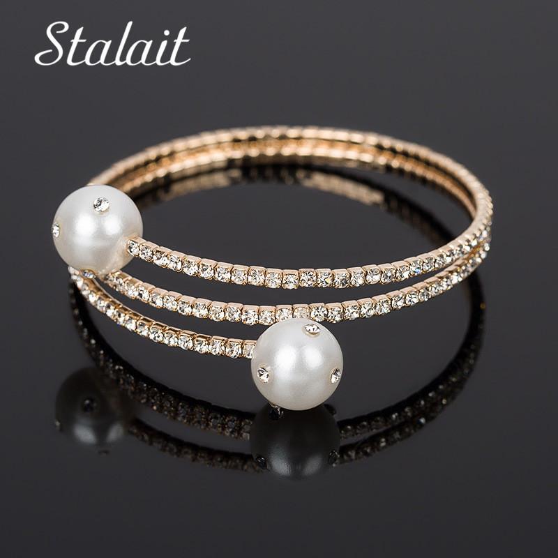 

Statement Large Double Pearl Spiral Bracelets For Female Charm Full Zircon Gold Color Bracelet&Bangle Party Wedding Gift Link, Chain