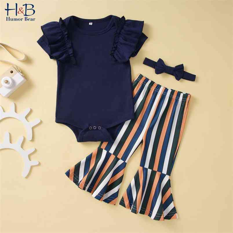 

Baby Summer Clothing Infant born Fly-Sleeve Romper+ Striped Flared Pants + Headband 3 Pcs Outfits 210611, Bz2313 blue