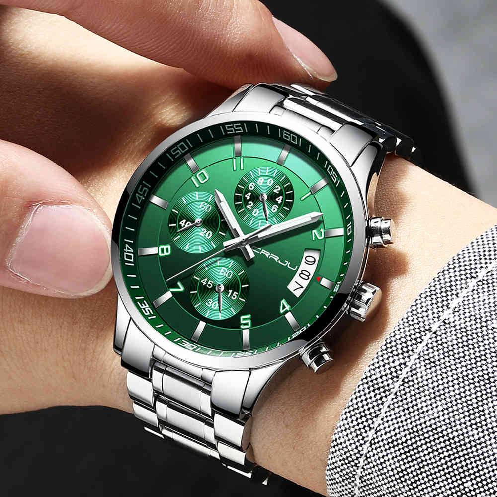 

Mens Green Watch CRRJU Casual Sport Stainless Steel Quartz Watch for Men Business Waterproof Watches relogio masculino 210517, Black black box