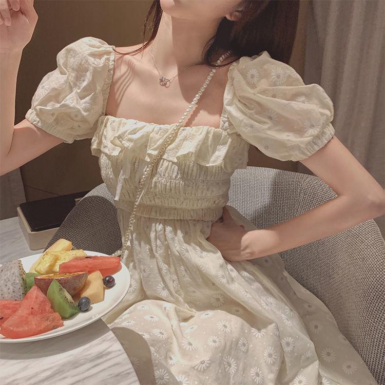 

Casual Dresses Summer Women Mini Dress Ruffles Puffed Sleeves Square Neck Bow Slim Waist Floral Girls Princess, Black;gray