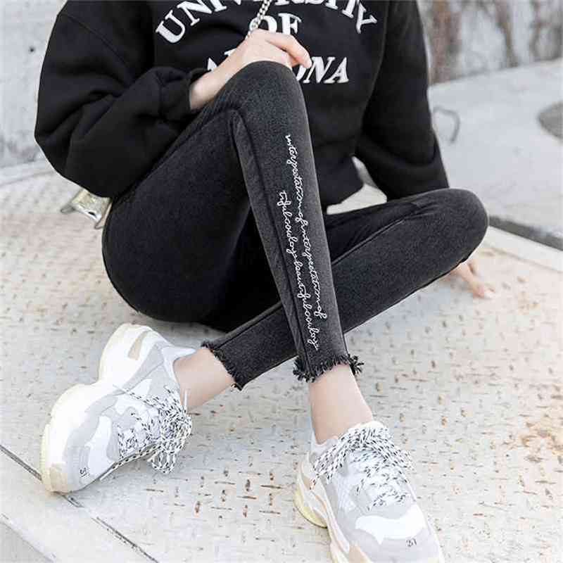 

Embroidery Jeans High Elastic Boyfriend Female Washed Denim Skinny Printed Pencil Pants Ripped Streetwear Trousers 210629, D809 pure black