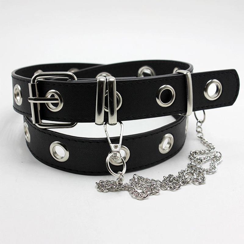 

Fashion Punk Style Belt With Chain Female Leather Pin Buckle Waist Decoration Ins Cool JK Uniform Skirt Accessories Belts, Black