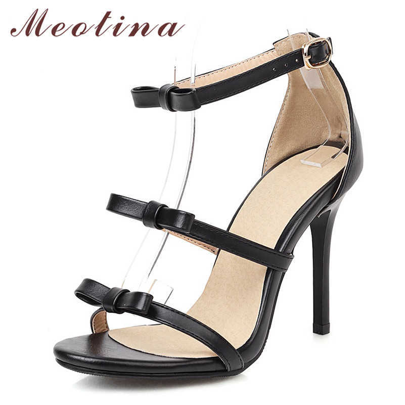 

Meotina Women Shoes Ankle Strap Super High Heel Sandals Bow Buckle Thin Heels Footwear Lady Summer Sandals Brown Black Size 210608
