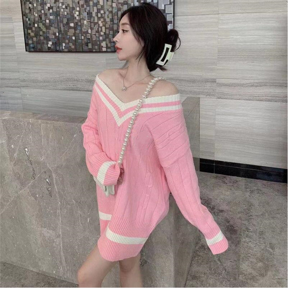 

2021 autumn and winter new knitted sweater net red with v-collar stripe edge letter embroidery thickened, Black