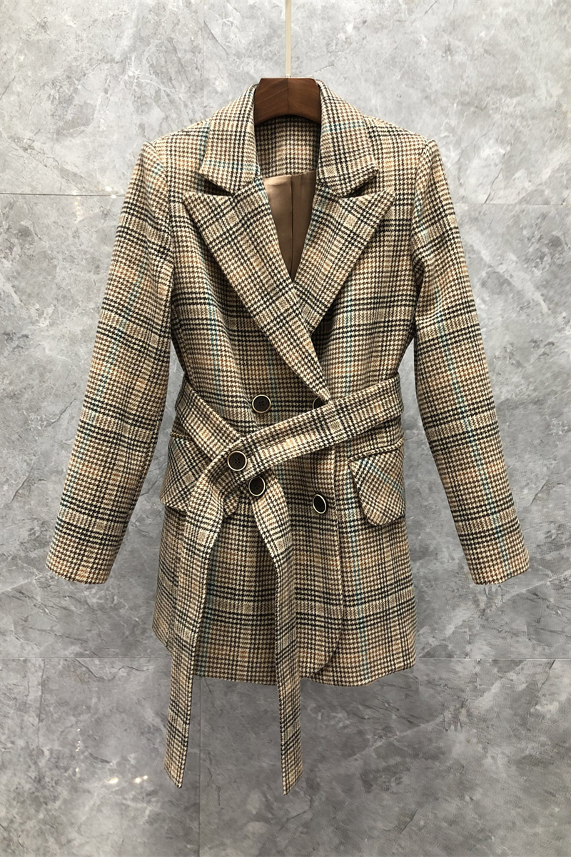 

Womens Plaid Fashion Waist-Controlled Suit Outer Coat Suit European Goods Autumn New Mid-Length Suit 10G, Khaki with belt