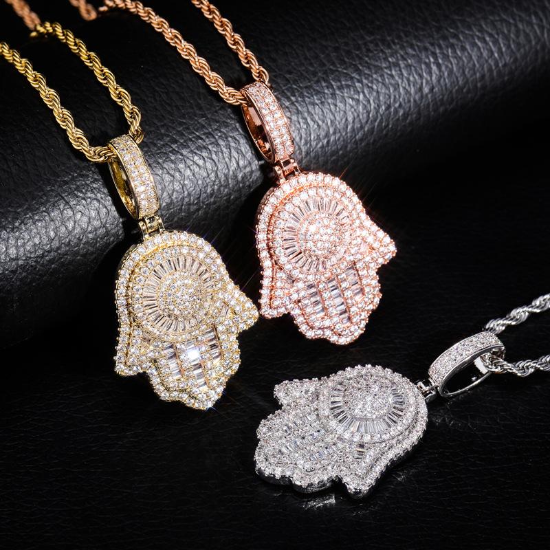 

Hand Pendant Necklace With Tennis Chain Cuban Gold Silver Color Iced Out Cubic Zircon Hip Hop Rock Jewelry Chains