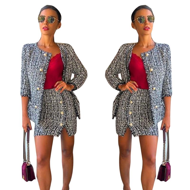 

Two Piece Dress 2021 European And American Women' Woolen Houndstooth Temperament Elegant Mini Skirt Suit 2 Outfits For Women Holographic, Gray