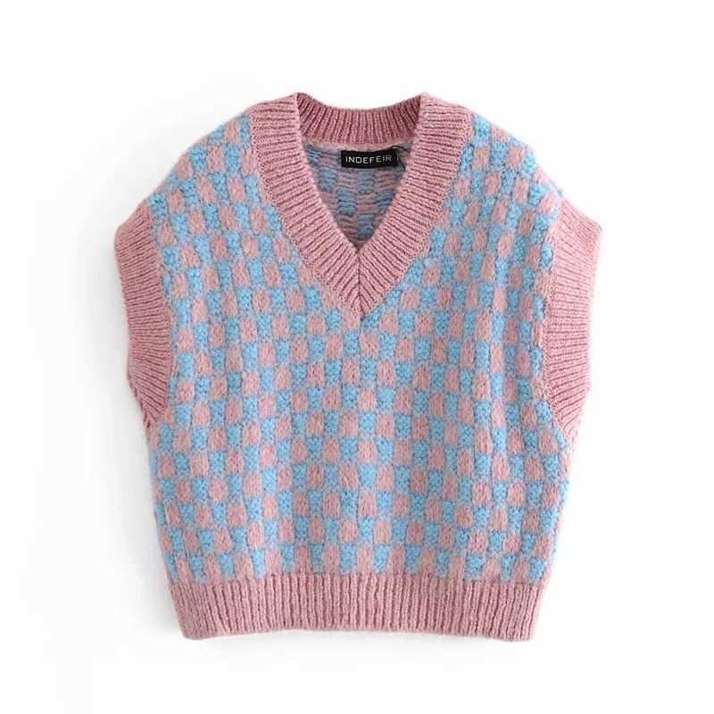 

Spring Autumn Knit Sweater Vest Women's V-Neck Sleeveless Pullover Casual Plaid Oversized Knitted Female 210607, Pink