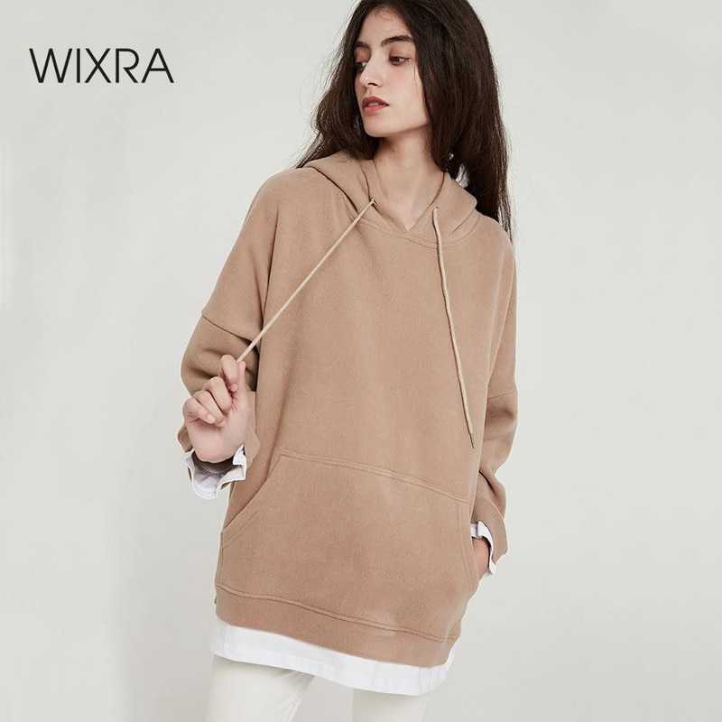 Wixra Women Casual Sweatshirts Warm Velvet Long Sleeve Oversize Hoodies Tops Autumn Winter Pullover Tops 210927