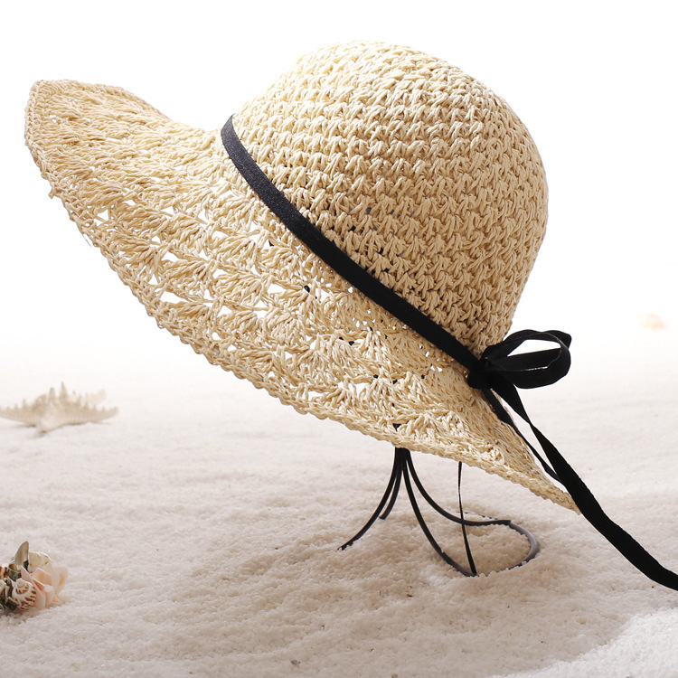 

Handmade linen big edge Straw Lady bow sun Big Brim Sun Hat straw hat, Navy