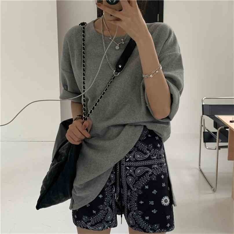 

Summer Tee Chic Short Sleeves Solid Grey Oversize All Match Basic Girls Fashion Femme Brief Loose T-shirts 210525, Photo color