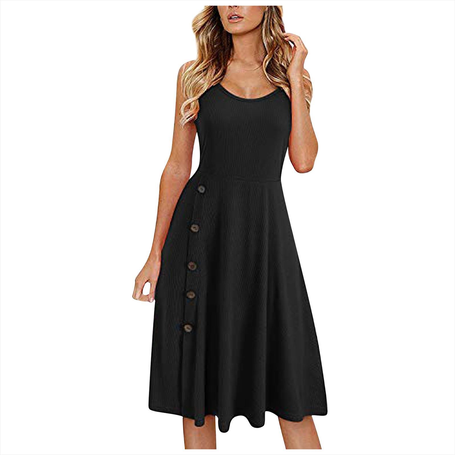 

plus size boho leisure solid womens dresses color anime sundress summer with button o neck robe femme, Black;gray