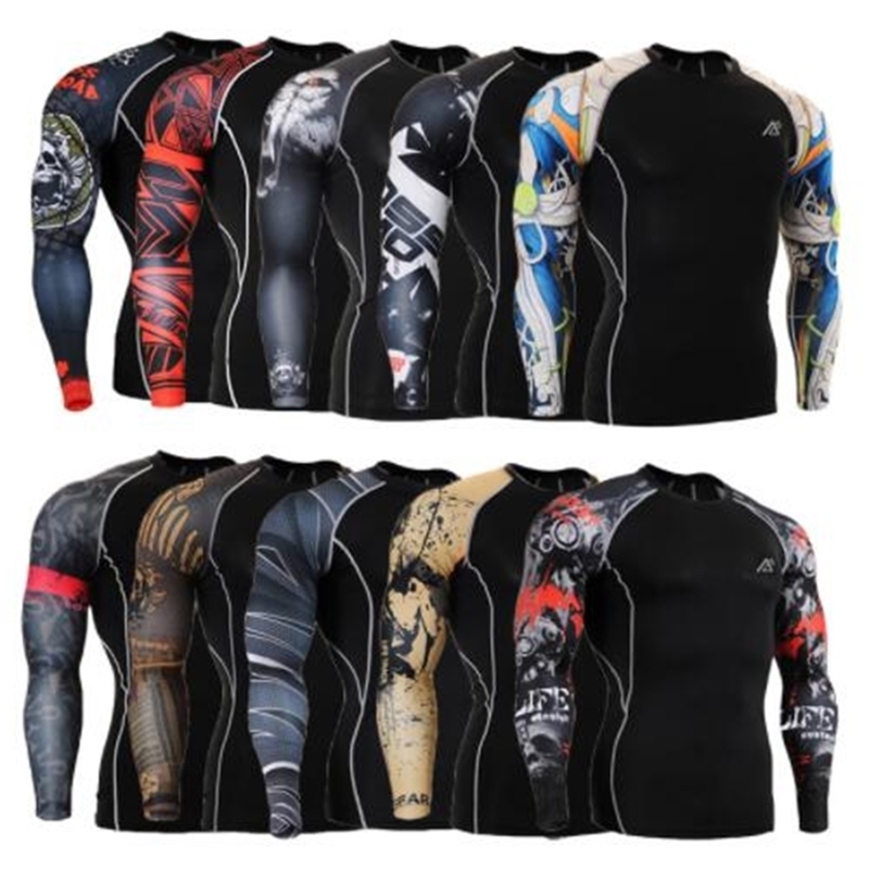 

Compression Shirt Men's Base Tshirts Tight-Fitting Second Skin Technical Printing Long Sleeve Bodybuilding Tops 210721, Beige