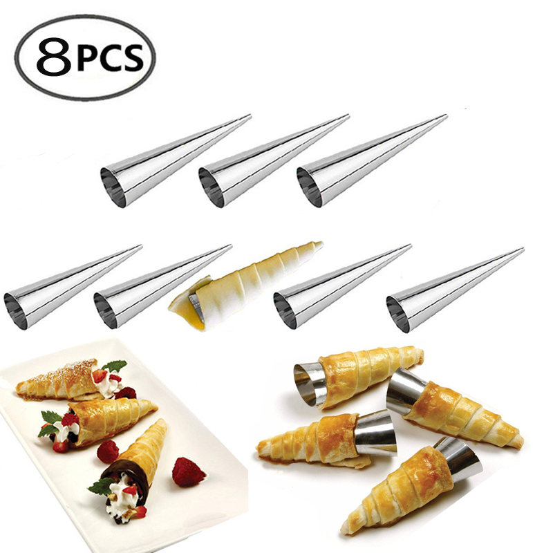 4/8PCS Conical Tube Cone Roll Moulds Stainless Steel Spiral Croissants Molds Horn bread Pastry Cream Horn Cake Bread Mold-image-694045134