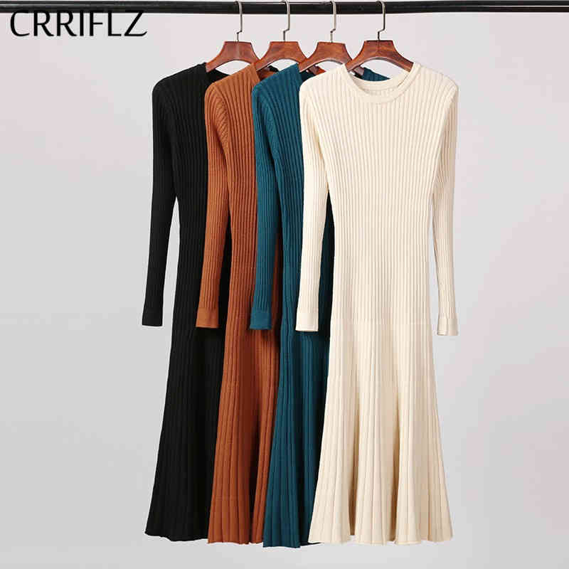 

Autumn Winter Long Sleeve Knitted Dress Women Office Lady O-neck Solid Knee-length Bodycon CRRIFLZ 210520, Brown