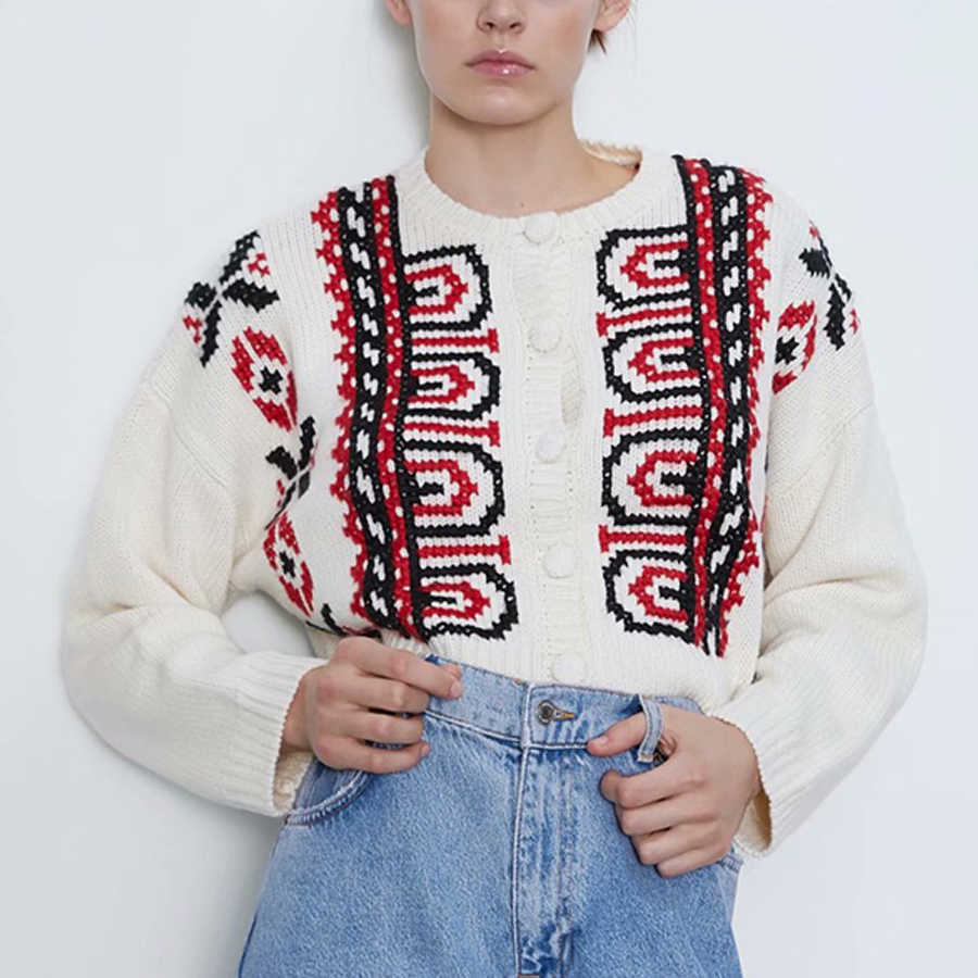 

TEELYNN long sleeve Ethnic pattern sweaters women coat pull vintage embroidery autumn knitted sweater Cardigan boho jumper 210609, Cream