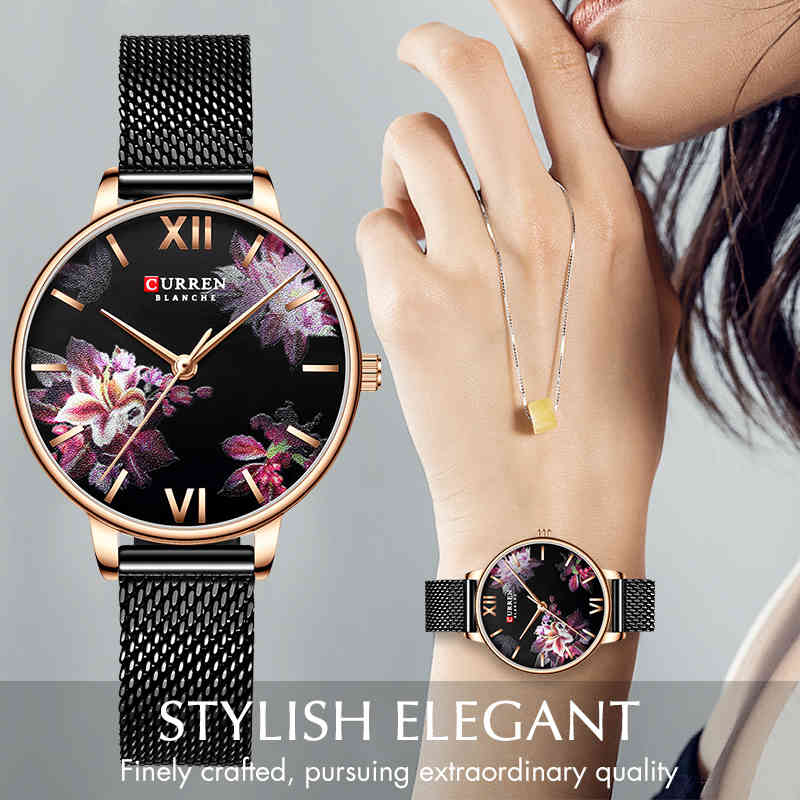 

CURREN Ladies Flower Watches Women Stainless Steel Bracelet Wristwatch Women's Fashion Quartz Clock Rose Gold Reloj Mujer 210517, L-khaki watch