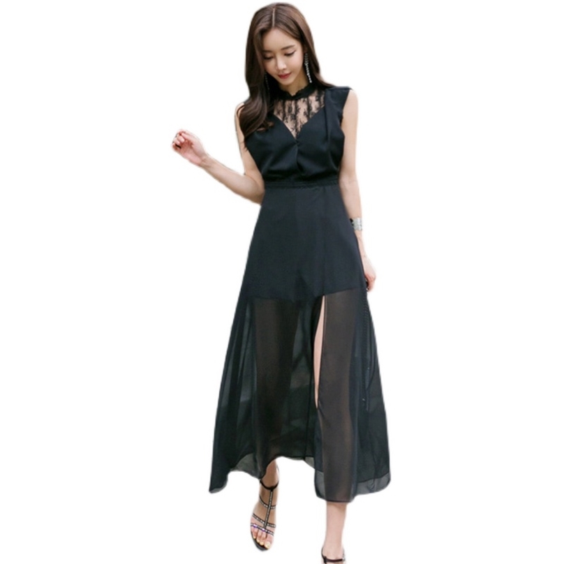 

Black maxi Dress korean ladies Sexy Lace Sleevelss stand cabret formal party A line Dresses for women 210602
