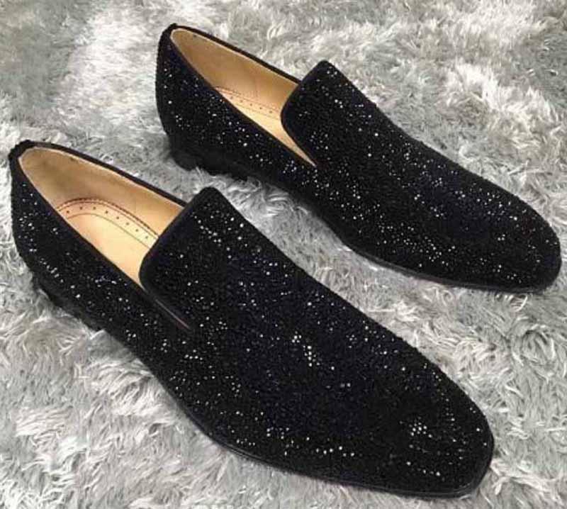 

Brand Dress Shoes Red Bottom Loafers Luxury Party Wedding Designer Suede With Rhinestone Strass Shoe For Mens Slip On Flats