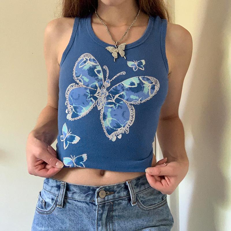

Women's Tanks & Camis WeiYao Butterfly Cartoon Print Graphic Tops Cropped Sleeveless O Neck Casual Female Aesthetic Vintage Kawaii Vest Tees, White