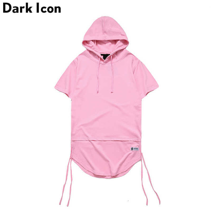 

Elongated Curved Hem Men's T-shirt with Hoodie Summer Side String Blank Hip Hop Tshirt Short Sleeve Black Pink 210603, Hhwl06sr pink