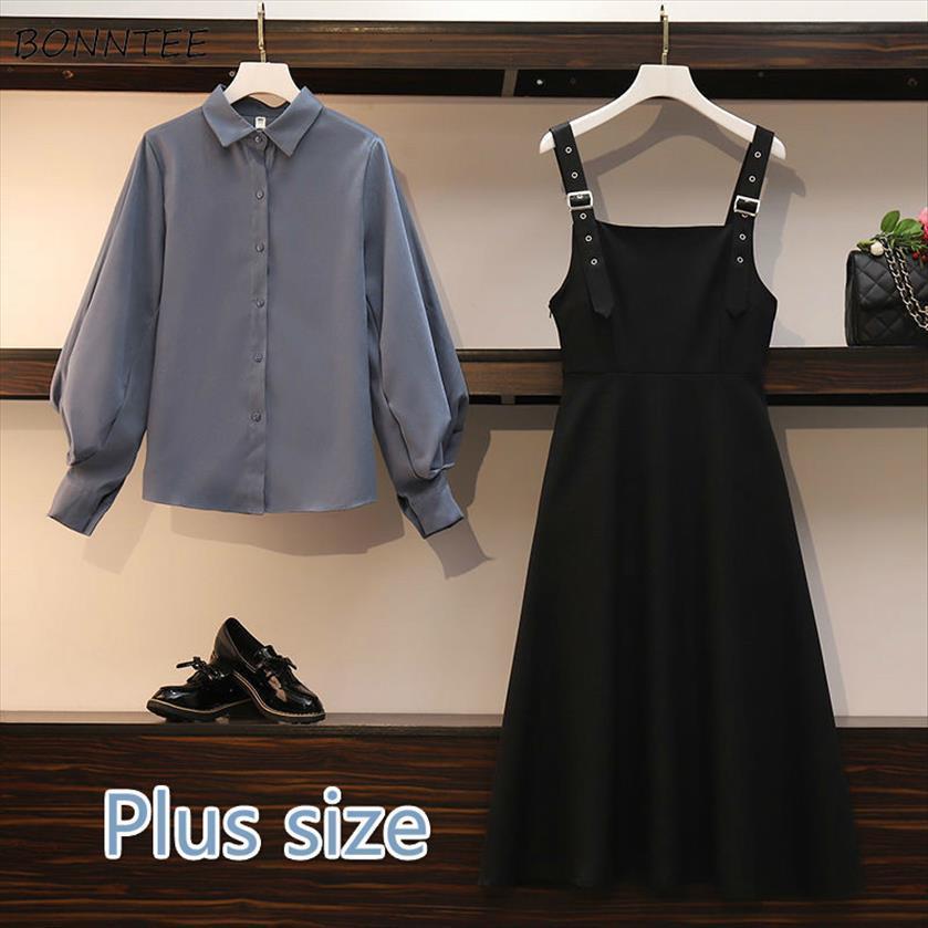 

sets large size 4xl lovely womens tracksuits fashion simple soft fall korean girls outfits single breasted blusas suspender ins dress, Gray