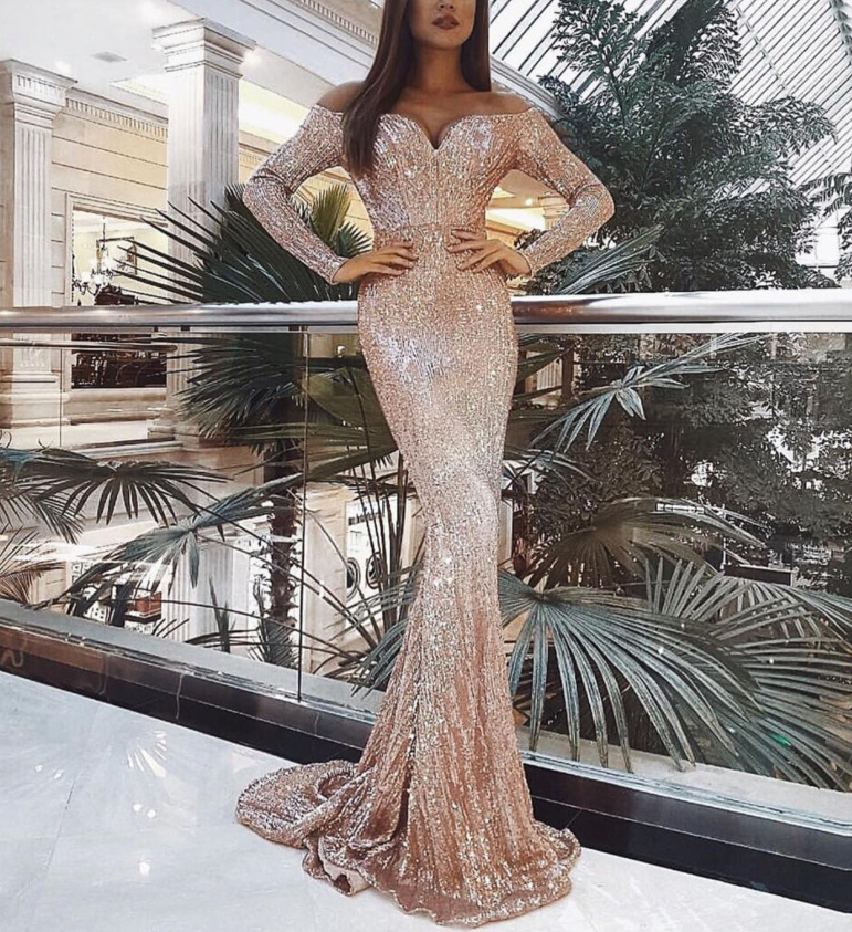 

2021 Gold Evening Dresses Jewel Neck Beaded Sequined Lace Long Sleeve Mermaid Prom Dress Sweep Train Custom Illusion Robes De Soirée