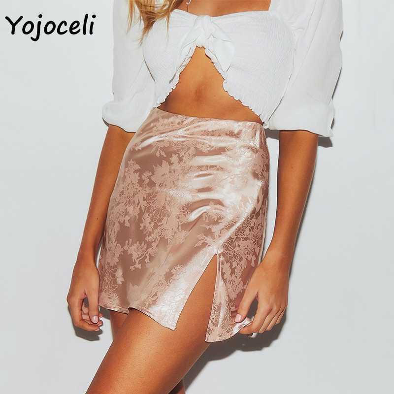 

Yojoceli chic satin jacquard print skirt bottom women party club a line female plit 210609, Green
