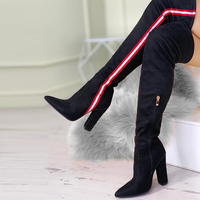 

Boots Thigh High Women Heels Over The Knee Long Autumn Winter Sexy Black Pointed Toe Zipper Ladies Shoes