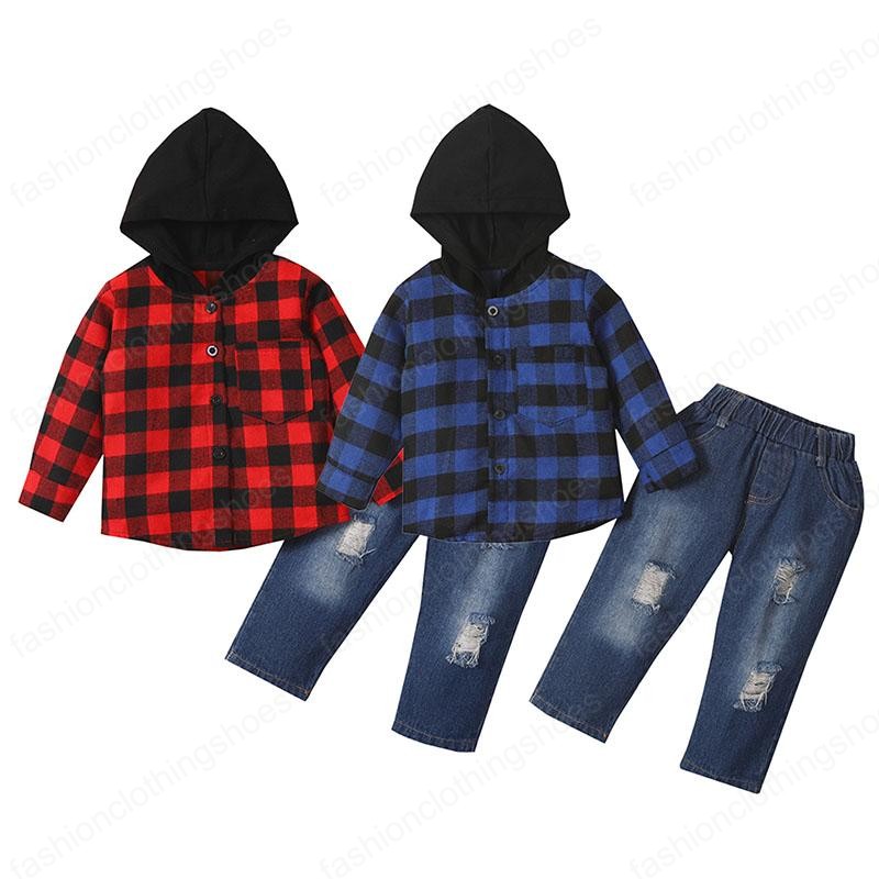 

kids Clothing Sets boys lattice outfits Children Hooded plaid Tops+Hole denim pants 2pcs/set Spring Autumn Fashion baby clothes