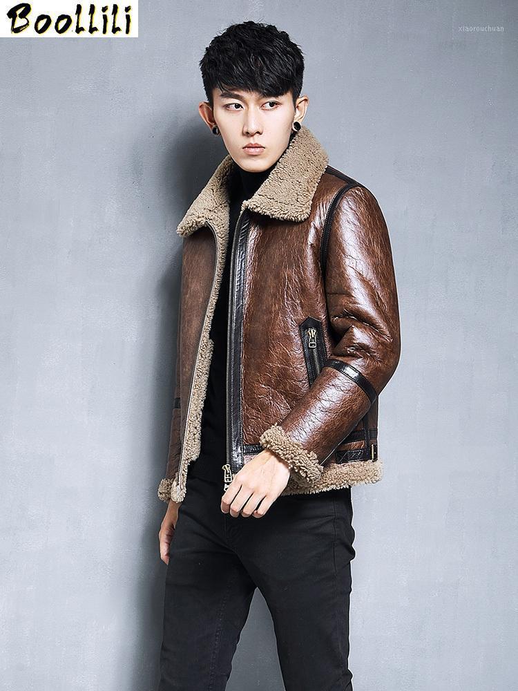 

Men's Leather & Faux Boollili Sheepskin Coat Genuine Jacket Men Winter Natural Fur Shearling Vintage Real Coats, Black
