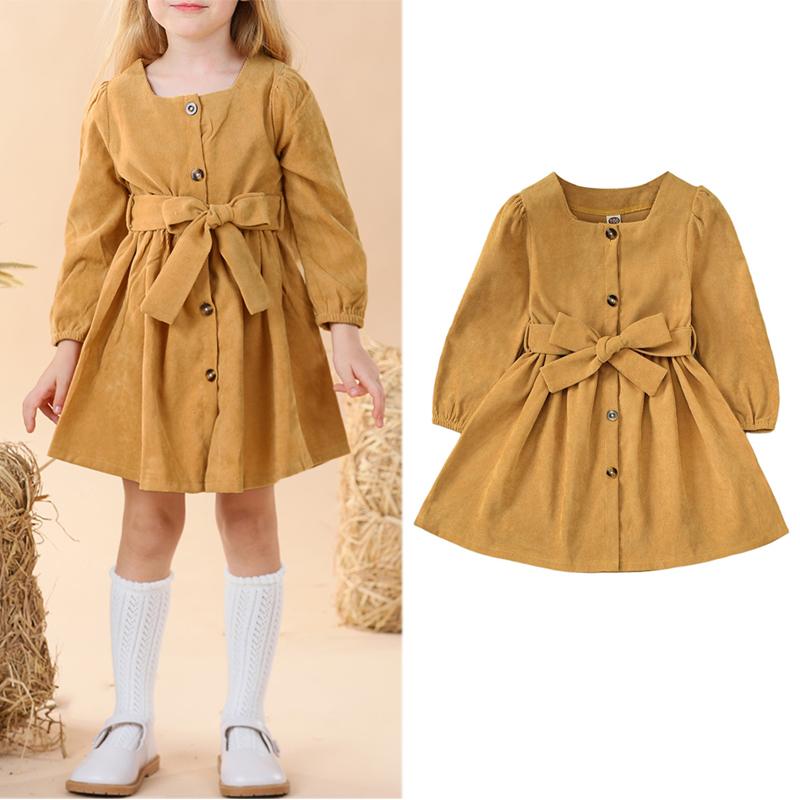 

Girl's Dresses 1-6years Girl Spring Fall Casual Dress Square Neck Long Lantern Sleeve Tie High Waist With Belt Brown Loose Hem For Girls, Red;yellow