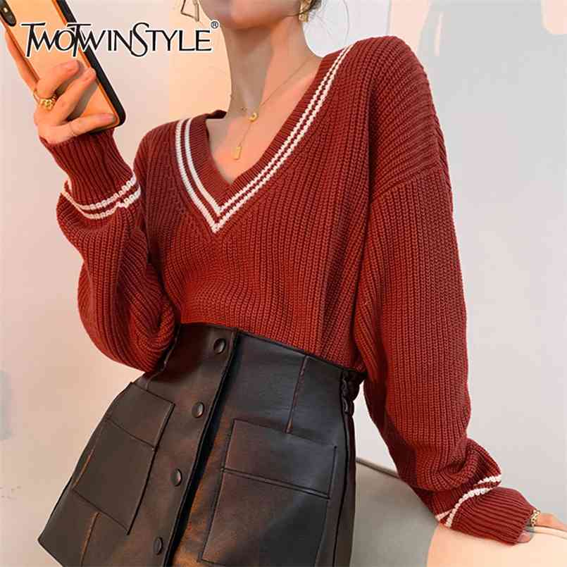 

casual patchwork hit color sweater for women v neck long sleeve loose spring sweaters female fashion clothing 210524, Red