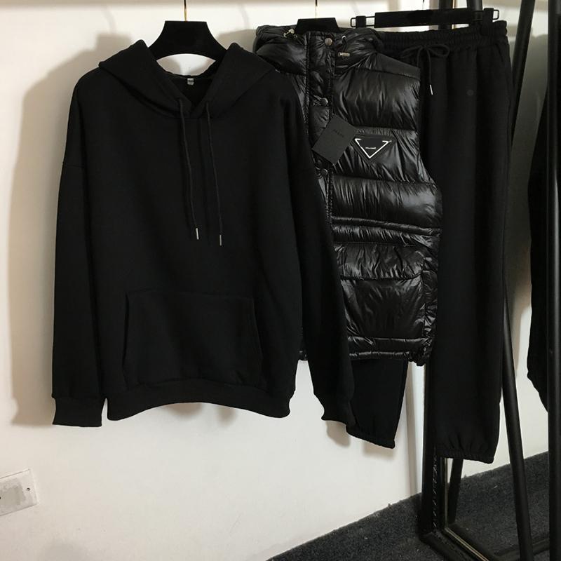 

luxury cotton three piece pants fashion solid hooded jackets 2 colors soft touch thicken suit sets, White