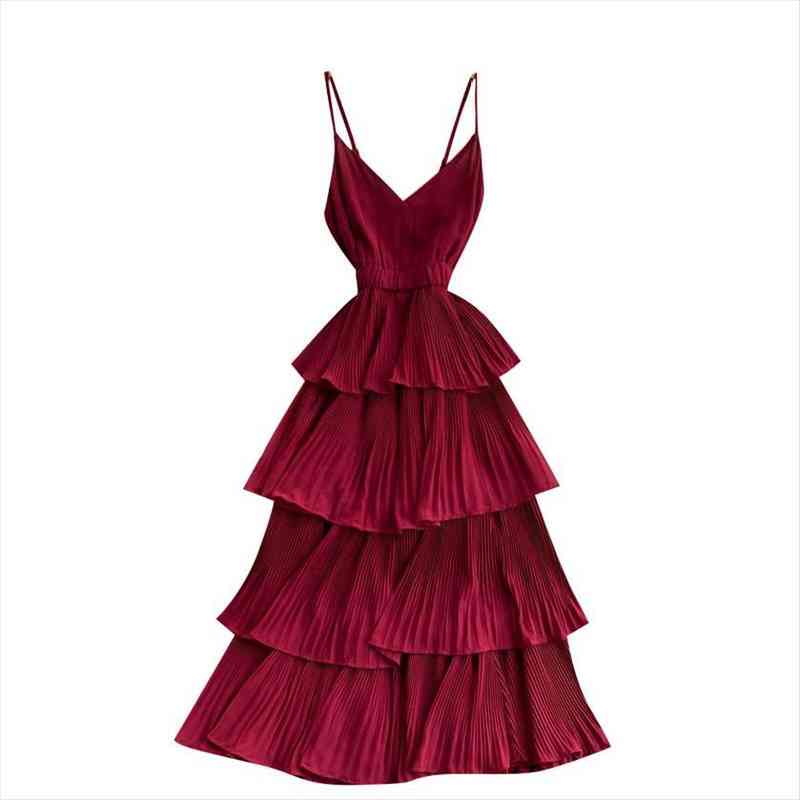 

summer beach holiday womens dresses v neck spaghetti strap backless pleated cake hem long, Black;gray