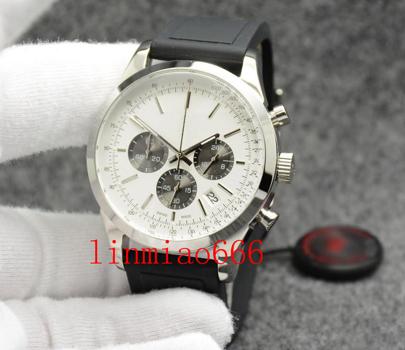 

outdoor men's date watch 44mm quartz chronograph black dial and rubber strap 5 styles, Slivery;brown