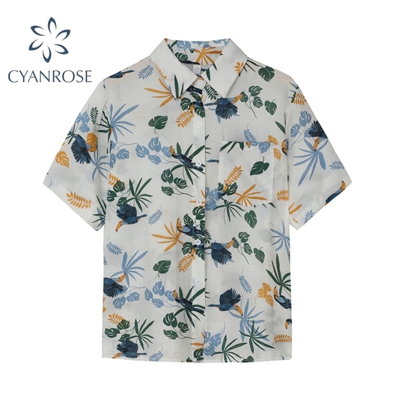 

Chiffon Womens Casual Blouses Women Hawaiian Summer Fashion Floral Print Short Sleeve Button Ladies Loose Shirts Tops 210515, Yellow