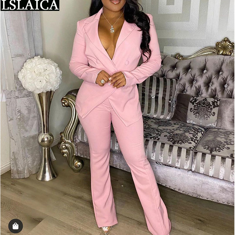 

Fashion Casual Two Piece Pants Set Women Solid Color Long Sleeve Blazer Womens Sets Office Lady Party Club Outfits 210520, Turquoise