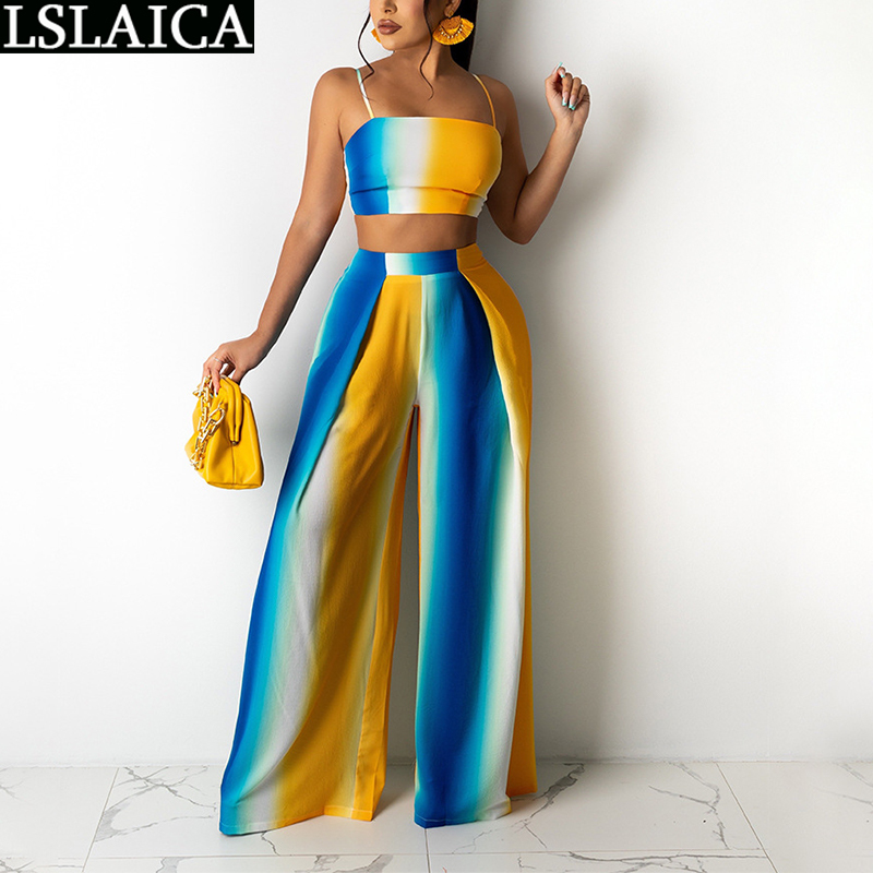 

Plus Size Sets Crop Top&long Wide Leg Pants Striped Print Casual Elegant Summer Two Piece Set Fashion Party Pant Suits 210520, Yellow