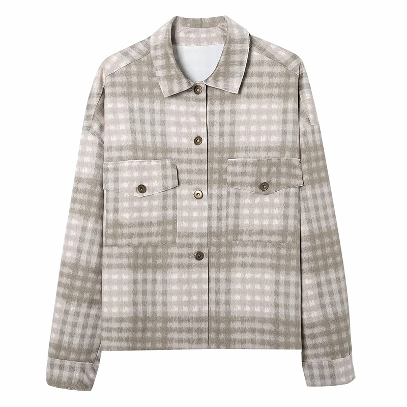 

Women Simple Chest Pocket Plaid Jacket Female Retro All-Match Commute Lapel Long Sleeve Top 210520, Multi