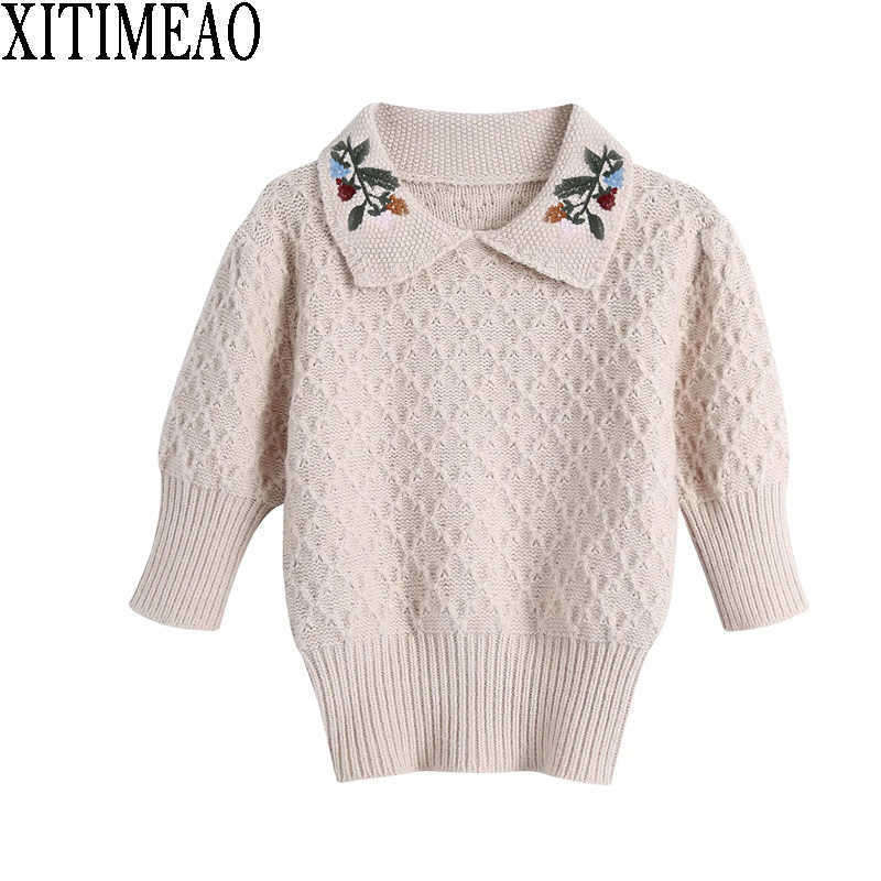 

ZA Women Fashion Floral Knitted Sweater Vintage Doll Collar Short Sleeve Female Pullovers Chic Tops 210602, As picture