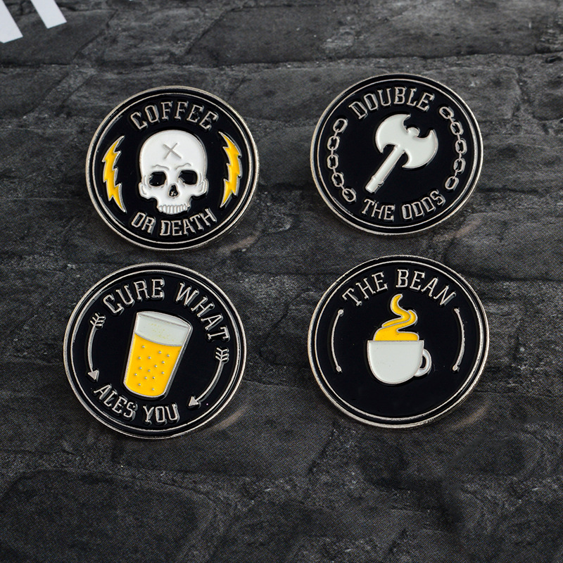 

Black Round Skull Letters Clothes Brooch Pins Coffee Beer Cup Circle Alloy Enamel Corsage Badges Backpack Cowboy Shirt Collar Pin Clothing Jewelry Wholesale